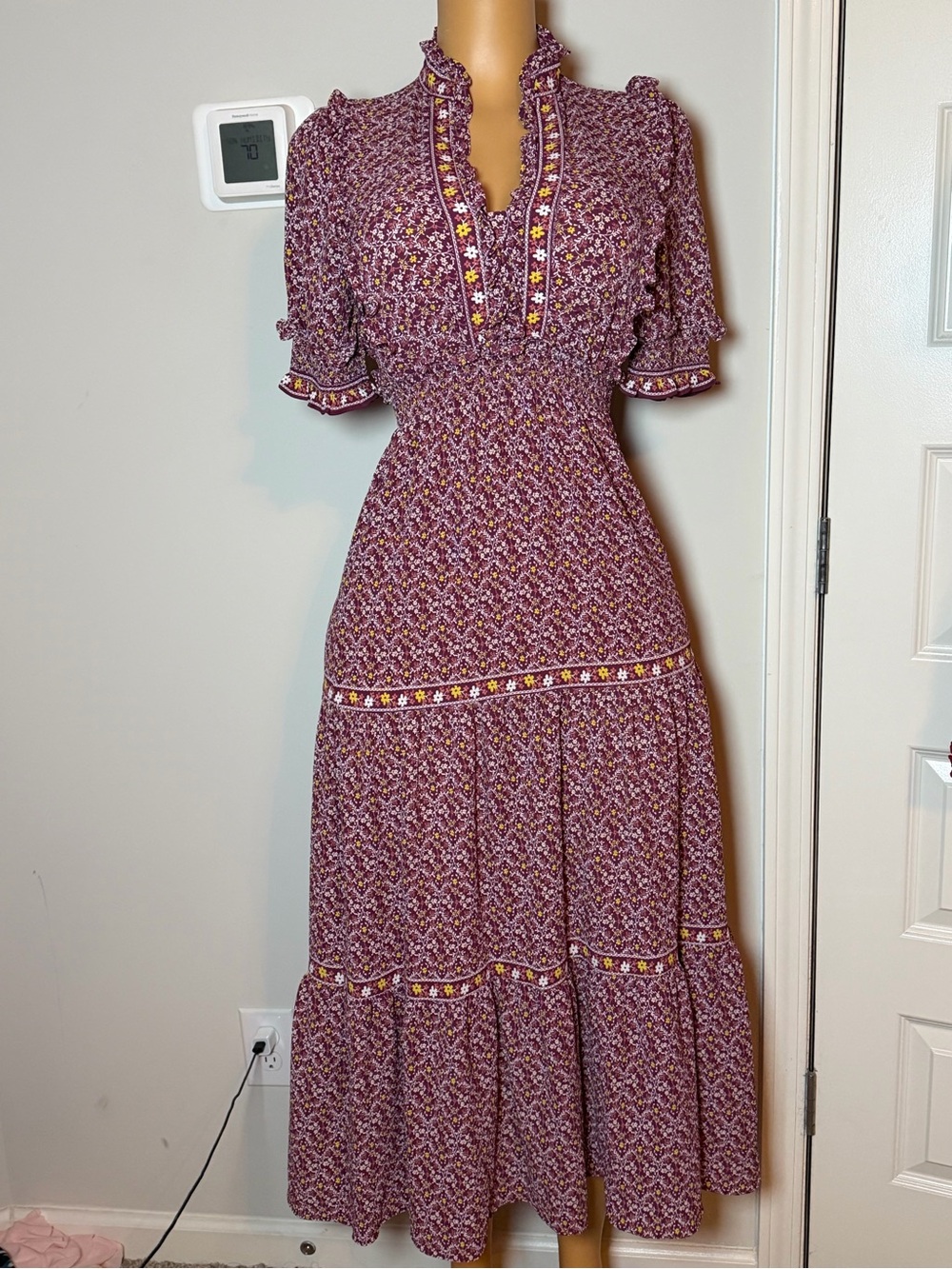 Max Studio Plum Floral Tiered Maxi Dress with Smocked Waist
